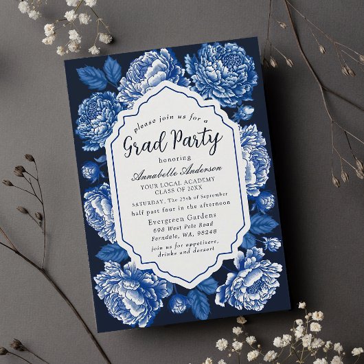 Blue Toile de Jouy Peony Classy Afstudeerfeest Kaart
