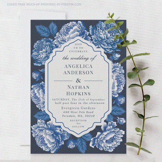 Blue Toile de Jouy Peony Invitation Floral Wedding Kaart