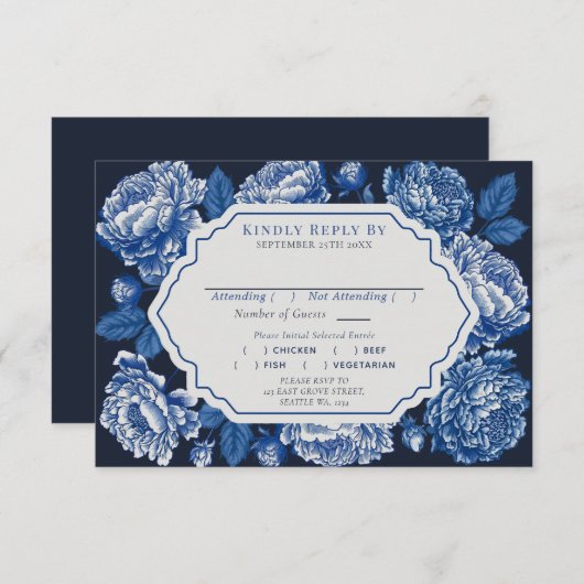 Blue Toile de Jouy Peony Wedding RSVP Informatiekaartje (Voorkant / Achterkant)