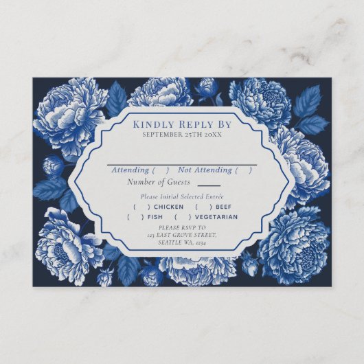 Blue Toile de Jouy Peony Wedding RSVP Informatiekaartje (Voorkant)