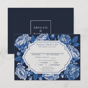 Blue Toile de Jouy Peony Wedding RSVP Informatiekaartje
