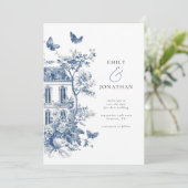 Blue Toile De Jouy QR Bruiloft Save the Date (Staand voorkant)