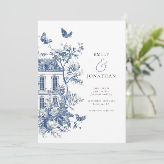 Blue Toile De Jouy QR Bruiloft Save the Date (Staand voorkant)