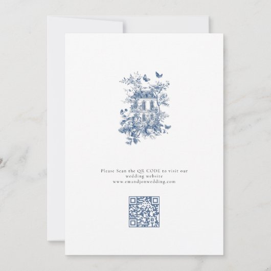 Blue Toile De Jouy QR Bruiloft Save the Date (Achterkant)