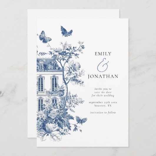 Blue Toile De Jouy QR Bruiloft Save the Date (Voorkant / Achterkant)