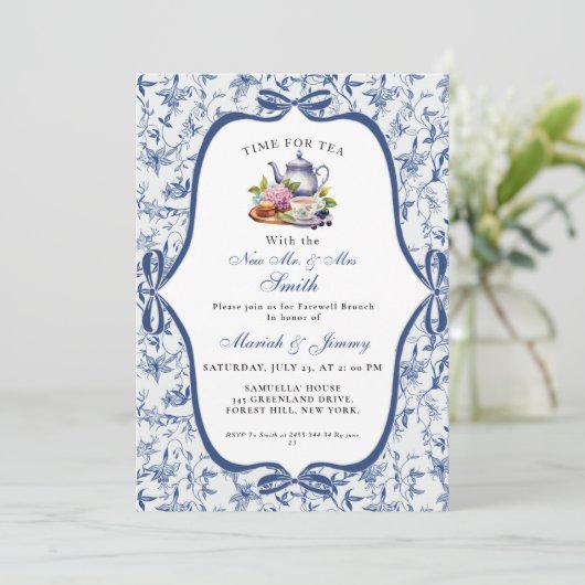 Blue Toile de jouy Tea Party Afscheidsfeest Brunch Kaart (Staand voorkant)