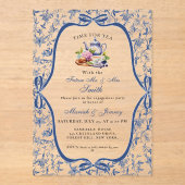 Blue Toile de Jouy Tea Party verlovingsfeest Acryl Uitnodigingen (Voorkant)
