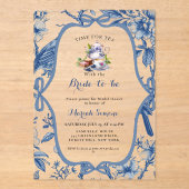 Blue Toile de Jouy Tea Party Vrijgezellenfeest Acryl Uitnodigingen (Voorkant)