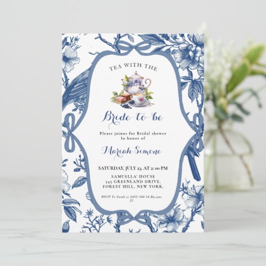 Blue Toile de Jouy Tea Party Vrijgezellenfeest Kaart (Staand voorkant)