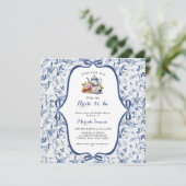 Blue Toile de Jouy Tea Party Vrijgezellenfeest Kaart (Staand voorkant)