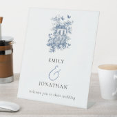 Blue Toile De Jouy Welkom op Bruiloft Reclamebord Met Voetstuk (Insitu)