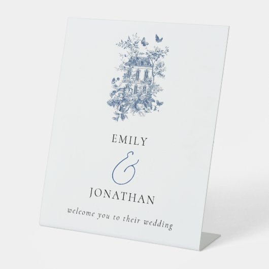 Blue Toile De Jouy Welkom op Bruiloft Reclamebord Met Voetstuk (Voorkant)