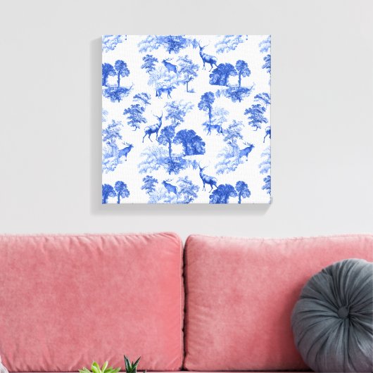 Blue Toile Deer Fox Forest Pattern Canvas Afdruk (Insitu (Woonkamer))