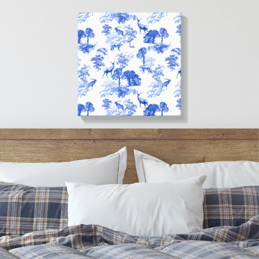 Blue Toile Deer Fox Forest Pattern Canvas Afdruk (Insitu (Slaapkamer))