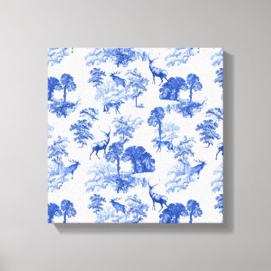 Blue Toile Deer Fox Forest Pattern Canvas Afdruk (Voorkant)