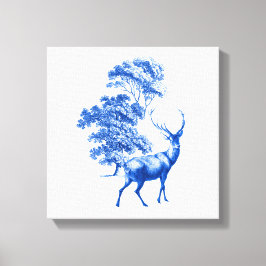 Blue Toile Deer in Forest Canvas Afdruk