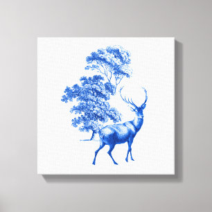 Blue Toile Deer in Forest Canvas Afdruk