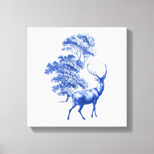 Blue Toile Deer in Forest Canvas Afdruk (Voorkant)