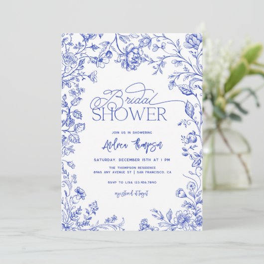 Blue Toile Elegant Modern Script Vrijgezellenfeest Kaart (Staand voorkant)