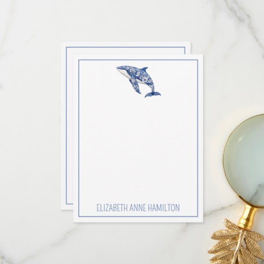 Blue Toile Floral Beach Dolfijn Gepersonaliseerd Bedankkaart (Voorkant / Achterkant in situ)