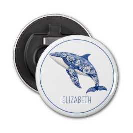 Blue Toile Floral Beach Dolfijn Gepersonaliseerd Button Flesopener