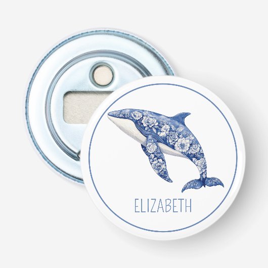Blue Toile Floral Beach Dolfijn Gepersonaliseerd Button Flesopener (Voorkant)