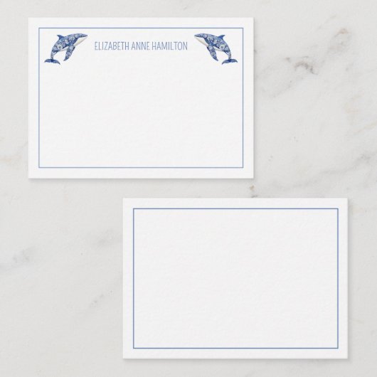 Blue Toile Floral Beach Dolfijn Gepersonaliseerd Notitiekaartje (Voorkant / Achterkant)