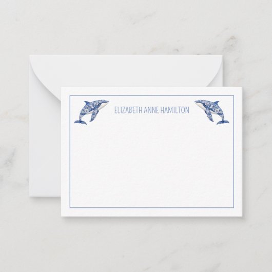 Blue Toile Floral Beach Dolfijn Gepersonaliseerd Notitiekaartje (Voorkant)