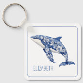 Blue Toile Floral Beach Dolfijn Gepersonaliseerd Sleutelhanger (Voorkant)