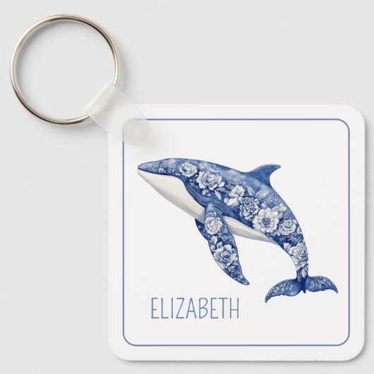 Blue Toile Floral Beach Dolfijn Gepersonaliseerd Sleutelhanger (Voorkant)