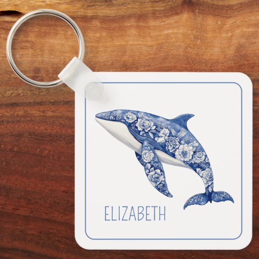 Blue Toile Floral Beach Dolfijn Gepersonaliseerd Sleutelhanger (Voorkant)