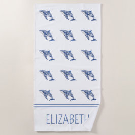 Blue Toile Floral Beach Dolfijn Gepersonaliseerd Strandlaken