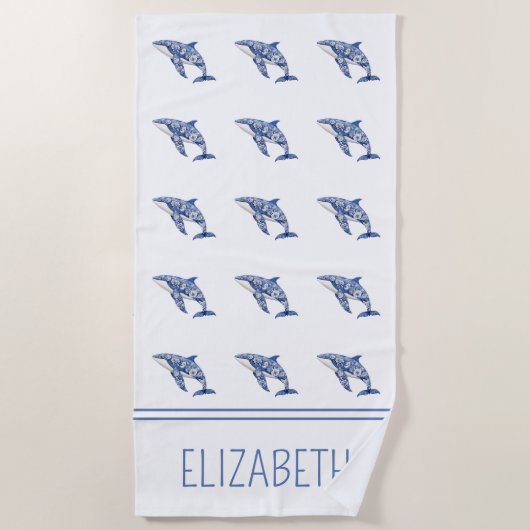 Blue Toile Floral Beach Dolfijn Gepersonaliseerd Strandlaken (Voorkant)