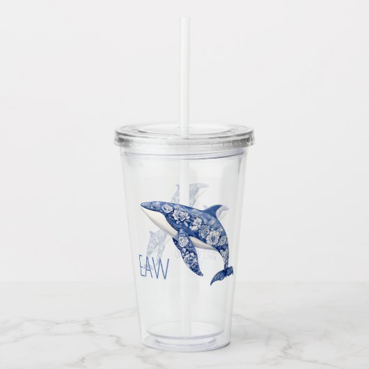 Blue Toile Floral Beach Dolfijn Monogram Acryl Drinkbeker (Voorkant)