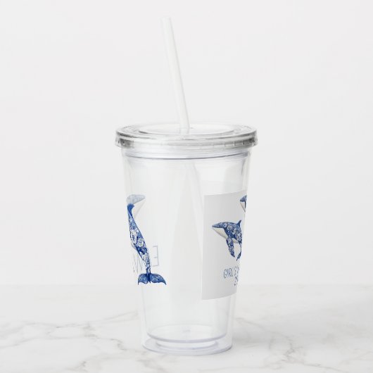 Blue Toile Floral Beach Dolfijn Monogram Acryl Drinkbeker (Links)
