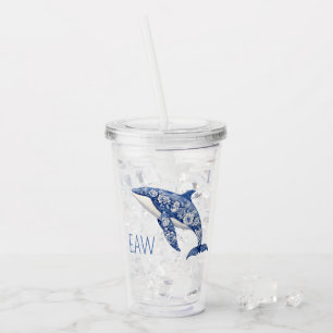 Blue Toile Floral Beach Dolfijn Monogram Acryl Drinkbeker