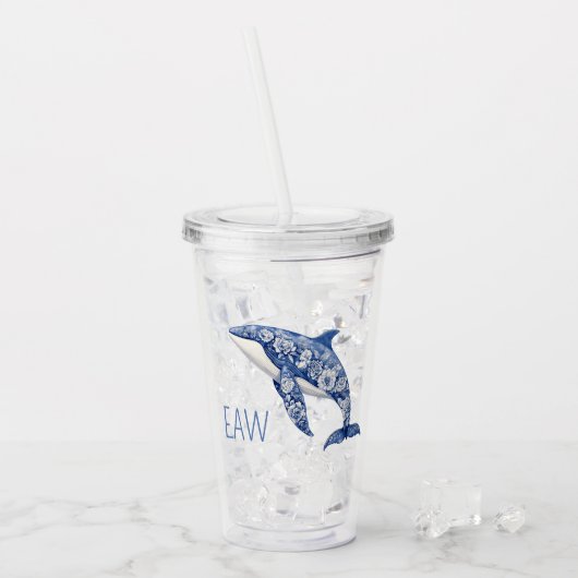 Blue Toile Floral Beach Dolfijn Monogram Acryl Drinkbeker (Voorkant ijs)