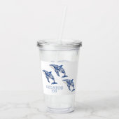 Blue Toile Floral Beach Dolfijn Monogram Acryl Drinkbeker (Achterkant)