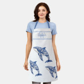 Blue Toile Floral Beach Dolfijn Monogram Schort (Gedragen)