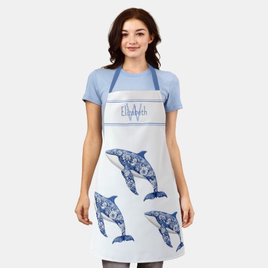 Blue Toile Floral Beach Dolfijn Monogram Schort (Gedragen)