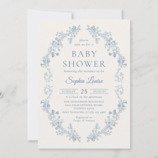 Blue Toile Floral Chinoiserie Baby shower Kaart (Voorkant)