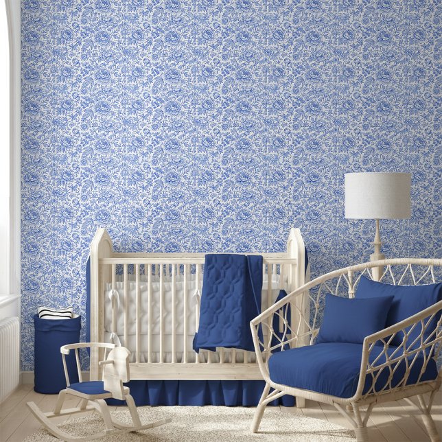 Blue Toile Floral Pattern Classic Botanical Behang (Creator heeft geüpload)