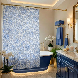 Blue Toile Floral Pattern Classic Botanical Douchegordijn