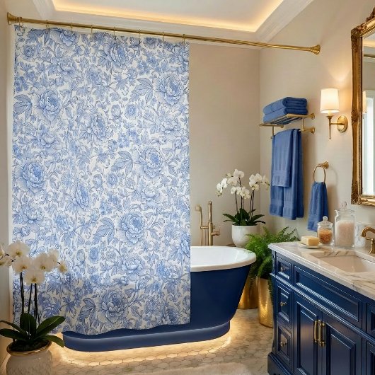 Blue Toile Floral Pattern Classic Botanical Douchegordijn