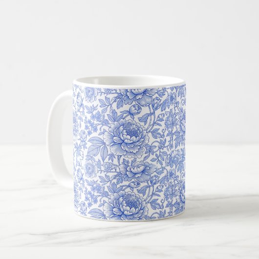 Blue Toile Floral Pattern Classic Botanical Koffiemok (Voorkant links)