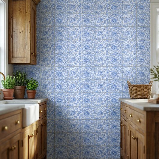 Blue Toile Floral Pattern Classic Botanical Tegeltje