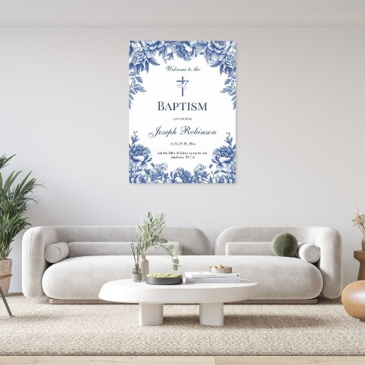 Blue Toile Flower Baptism Poster
