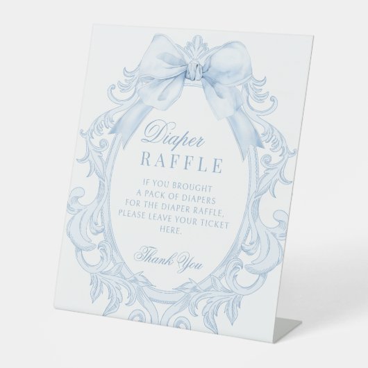Blue Toile Frame Bow Baby Boy Shower Diaper Raffle Reclamebord Met Voetstuk (Voorkant)