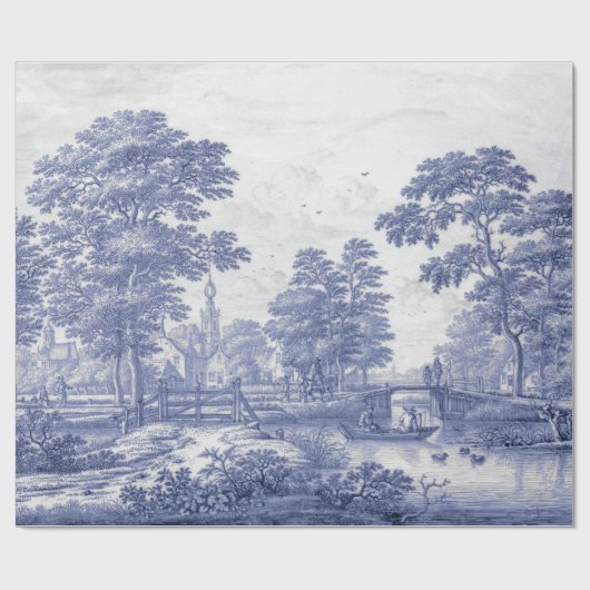 Blue Toile  Franse ontkoppeling Cadeaupapier (Vlak)