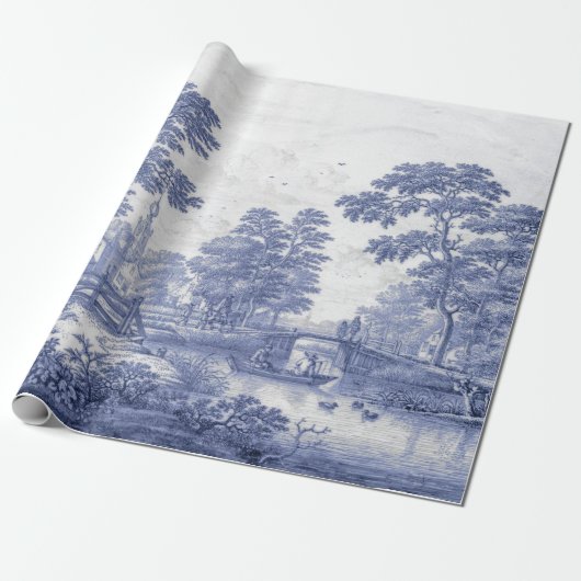 Blue Toile  Franse ontkoppeling Cadeaupapier (Uitgerold)